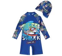 Generisch Camiseta de baño para niños con cremallera, de manga corta, de una pieza, traje de protección de dinosaurios, traje de surf para niños pequeños SPF 50+ ropa solar, azul, 3-4 años