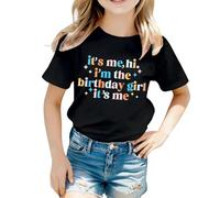Generisch Camiseta de cumpleaños para niña con texto en tipografía retro colorida, camiseta de manga corta con impresión 'i'm the birthday girl' | atuendo festivo para cumpleaños infantiles