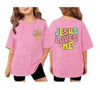 Generisch Camiseta de gran tamaño para niños con diseño retro Y2K - Camiseta de calle con el lema «Jesus Loves Me» | Camiseta gráfica informal para niños y niñas