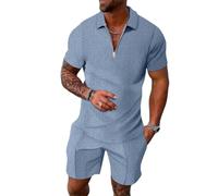 Generisch Camiseta de manga corta con cremallera de dos piezas a rayas casuales masculinas, blusa, con bolsillo con cordón, conjunto corto, azul celeste, XXL
