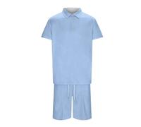 Generisch Camiseta de manga corta con cremallera de dos piezas a rayas casuales masculinas, blusa, con bolsillo con cordón, conjunto corto, azul claro, S