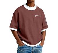 Generisch Camiseta de manga corta para hombre, camiseta de verano falsa de dos piezas, cuello redondo, camiseta con bolsillos con cremallera, informal, parte superior, color de contraste, moderno