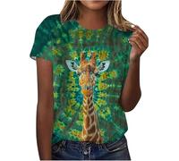 Generisch Camiseta de manga corta para mujer, con estampado de animales, estampado de gato, vaca, jirafa, túnica informal, holgada, para adolescentes, azul, 3XL