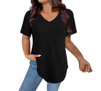 Generisch Camiseta de manga corta para mujer, cuello de pico, camiseta de punto informal, monocolor, tallas grandes, camiseta básica, blusa de tela supersuave, Negro , XXL