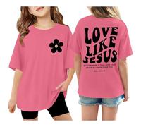 Generisch Camiseta de manga corta para niña con estampado de «Love Like Jesus» con gráficos de gran tamaño, para el tiempo libre, suelto, verano, blusa, blusa para cristianos