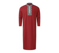 Generisch Camiseta de manga larga para hombre, camisa polo de Arabia musulmana para hombre, informal, manga larga, con bolsillo, túnica suelta, camisa, bata musulmana, estampado a cuadros, rojo, XXL