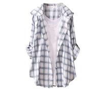 Generisch Camiseta de manga larga para mujer, blusa a cuadros de gran tamaño, camisa larga con solapa, camisa de ocio para primavera y verano, blusa de lino con botones, camisa de manga larga ligera