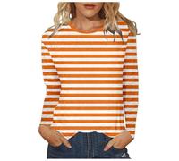 Generisch Camiseta de manga larga para mujer con aspecto clásico de rayas. Camiseta informal con cuello de contraste de color. Cómoda parte superior básica para el día a día, Style_t03 Orange, M