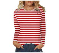 Generisch Camiseta de manga larga para mujer con aspecto clásico de rayas. Camiseta informal con cuello de contraste de color. Cómoda parte superior básica para el día a día, Style_t05 Red, 3XL
