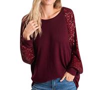 Generisch Camiseta de manga larga para mujer, cuello redondo, manga raglán, holgada, color neón, Vino, S