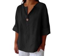 Generisch Camiseta de manga larga para mujer, de verano, informal, cuello de pico, suelta, básica, monocolor, elegante, de manga corta, vintage, blusa de verano con botones, Negro , 5XL