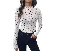Generisch Camiseta de manga larga para mujer, diseño de lunares, cuello redondo, camiseta elástica ajustada con ajuste elegante, diseño ajustado para oficina, uso diario, ropa de calle, camisetas de