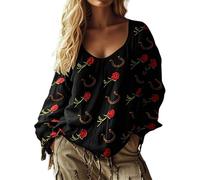 Generisch Camiseta de manga larga para mujer, talla grande, elegante, bohemia, cuello redondo, camisa de manga larga, informal, tallas grandes, camisa de ocio, blusa vintage, camisa de manga larga