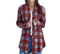 Generisch Camiseta de manga larga para mujer, talla grande, elegante, tallas grandes, camisa a cuadros, camisa de ocio, moda superior, abrigo de solapa, corte holgado, camisa de cuadros de manga larga
