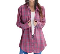 Generisch Camiseta de manga larga para mujer, talla grande, elegante, tallas grandes, camisa a cuadros, camisa de ocio, moda superior, abrigo de solapa, corte holgado, camisa de cuadros de manga larga
