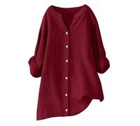 Generisch Camiseta de manga larga para mujer, talla grande, manga 3/4, cuello en V, camisa de lino con botones, camisa de algodón y lino, camisa de manga larga, monocolor, camiseta de calle, corte