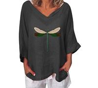 Generisch Camiseta de mujer con cuello en V y cuello en V, informal, diseño de libélulas, Negro , S
