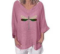 Generisch Camiseta de mujer con cuello en V y cuello en V, informal, diseño de libélulas, Rosa., S