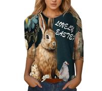 Generisch Camiseta de mujer con estampado de Pascua, cuello redondo, manga 3/4, túnica de manga corta para mujer, Negro , L