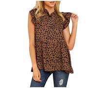 Generisch Camiseta de mujer de moda con estampado de lunares lindos adornos de volantes como blusa casual o túnica, marrón, M