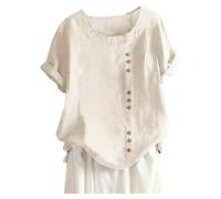 Generisch Camiseta de túnica de algodón y lino para mujer, talla grande, informal, holgada, transpirable y cómoda, blusa bohemia, beige, 3XL