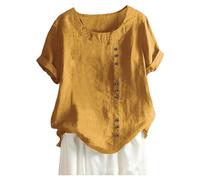 Generisch Camiseta de túnica de algodón y lino para mujer, talla grande, informal, holgada, transpirable y cómoda, blusa bohemia, amarillo, M