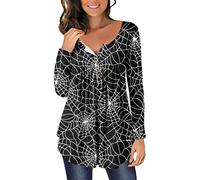 Generisch Camiseta de túnica para mujer, plisada, cuello en V, botones, manga larga, estampada, para mujer, cuello de cascada, Negro , XXL