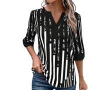 Generisch Camiseta de verano para mujer, con diseño de flores en contraste de dos colores, manga 5/4, sexy, Negro , M