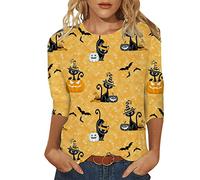 Generisch Camiseta de verano para mujer, estampado de Halloween, cuello redondo, manga larga, cuello redondo, blusa con estampado lateral, túnica, amarillo, XL