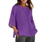 Generisch Camiseta de verano para mujer, manga 3 o 4, cuello redondo, estampado floral, camiseta holgada, camiseta informal de lino, camiseta de túnica de lino, camiseta para mujer con frases, morado