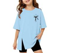 Generisch Camiseta divertida para niña, informal, camiseta cómoda de doble cara con cruz y lazos, camisa de manga corta ligera y ventilada, cuello redondo, blusa deportiva con abertura superior