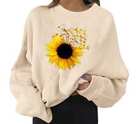 Generisch Camiseta gráfica informal para mujer, sin capucha, informal, manga larga, cuello en O, estampado de girasol, camiseta holgada, color negro, caqui, S