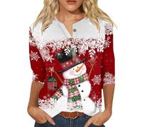Generisch Camiseta informal para mujer con estampado navideño con cuello en V, botones de tres mangas cuartos, 80 años, rojo, XXL