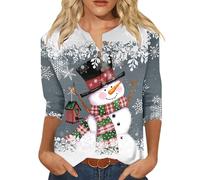 Generisch Camiseta informal para mujer con estampado navideño con cuello en V, botones de tres mangas cuartos, 80 años, azul, XXL