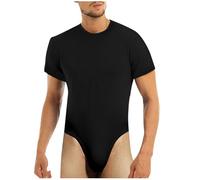 Generisch Camiseta interior para hombre, suave y acogedora, de manga corta, pijama, pijama, ropa interior transpirable, con tanga, erótica, de una pieza, para el uso diario, O negro., L