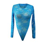 Generisch Camiseta larga de encaje elástico para mujer, manga larga, body de flores, mono de lavandería, elegante, cómodo y femenino, azul celeste, S