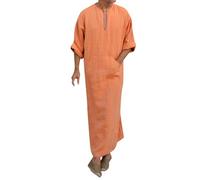 Generisch Camiseta para hombre con cuello en V, lino, manga larga, caftán, tóbe, vestido largo, camisa, vestido musulmán informal, amarillo, XXL