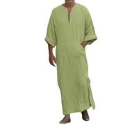 Generisch Camiseta para hombre con cuello en V, lino, manga larga, caftán, tóbe, vestido largo, camisa, vestido musulmán informal, amarillo claro, 5XL
