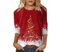 Generisch Camiseta para mujer con estampado navideño, cuello redondo, camiseta de tres cuartos, cuello redondo, estampado floral, blusa suelta con abertura lateral, túnica de verano para mujer, rojo