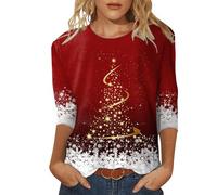Generisch Camiseta para mujer con estampado navideño, cuello redondo, camiseta de tres cuartos, cuello redondo, estampado floral, blusa suelta con abertura lateral, túnica de verano para mujer, Vino