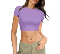 Generisch Camiseta para mujer Crop Top Y2K Slim Fit Tops Básico Manga Corta Elástica Esquí Dupes Cuello Redondo Cropped Tee Tops Casual Streetwear Vintage Aesthetic Outfit, C Lila, XL