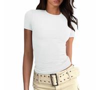 Generisch Camiseta para mujer Crop Top Y2K Slim Fit Tops Básico Manga Corta Elástica Esquí Dupes Cuello Redondo Cropped Tee Tops Casual Streetwear Vintage Aesthetic Outfit, B blanco., XL