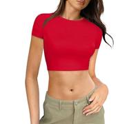 Generisch Camiseta para mujer Crop Top Y2K Slim Fit Tops Básico Manga Corta Elástica Esquí Dupes Cuello Redondo Cropped Tee Tops Casual Streetwear Vintage Aesthetic Outfit, C rojo., XL
