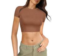 Generisch Camiseta para mujer Crop Top Y2K Slim Fit Tops Básico Manga Corta Elástica Esquí Dupes Cuello Redondo Cropped Tee Tops Casual Streetwear Vintage Aesthetic Outfit, C marrón, XL