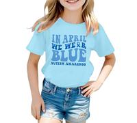 Generisch Camiseta para niños con lema «In April We Wear Blue» - Camiseta de manga corta en azul con estampado de letras coloridas | Camiseta de declaración para días de acción y uso diario infantil