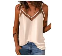 Generisch Camiseta sin mangas para mujer, cuello en V, color liso, malla satinada, camiseta de verano, sin vientre, camiseta de tirantes, beige, XL