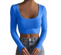 Generisch Camiseta térmica de manga larga fina, sin espalda, cuello cuadrado, camisas que realzan la figura, camiseta térmica para hombre de manga larga, azul, M