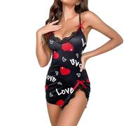 Generisch Camisón corto para mujer, sin mangas, sexy, camisón de encaje, cuello en V, vestido de noche, ropa de dormir suave, camisón sexy, camisón de satén, Pajamas B2-negro, XL