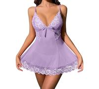 Generisch Camisón corto para mujer, sin mangas, sexy, camisón de encaje, cuello en V, vestido de noche, ropa de dormir suave, camisón sexy, camisón de satén, Pajamas B3-light Lila, XL