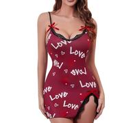 Generisch Camisón corto para mujer, sin mangas, sexy, camisón de encaje, cuello en V, vestido de noche, ropa de dormir suave, camisón sexy, camisón de satén, Pajamas B7-rojo, XXL